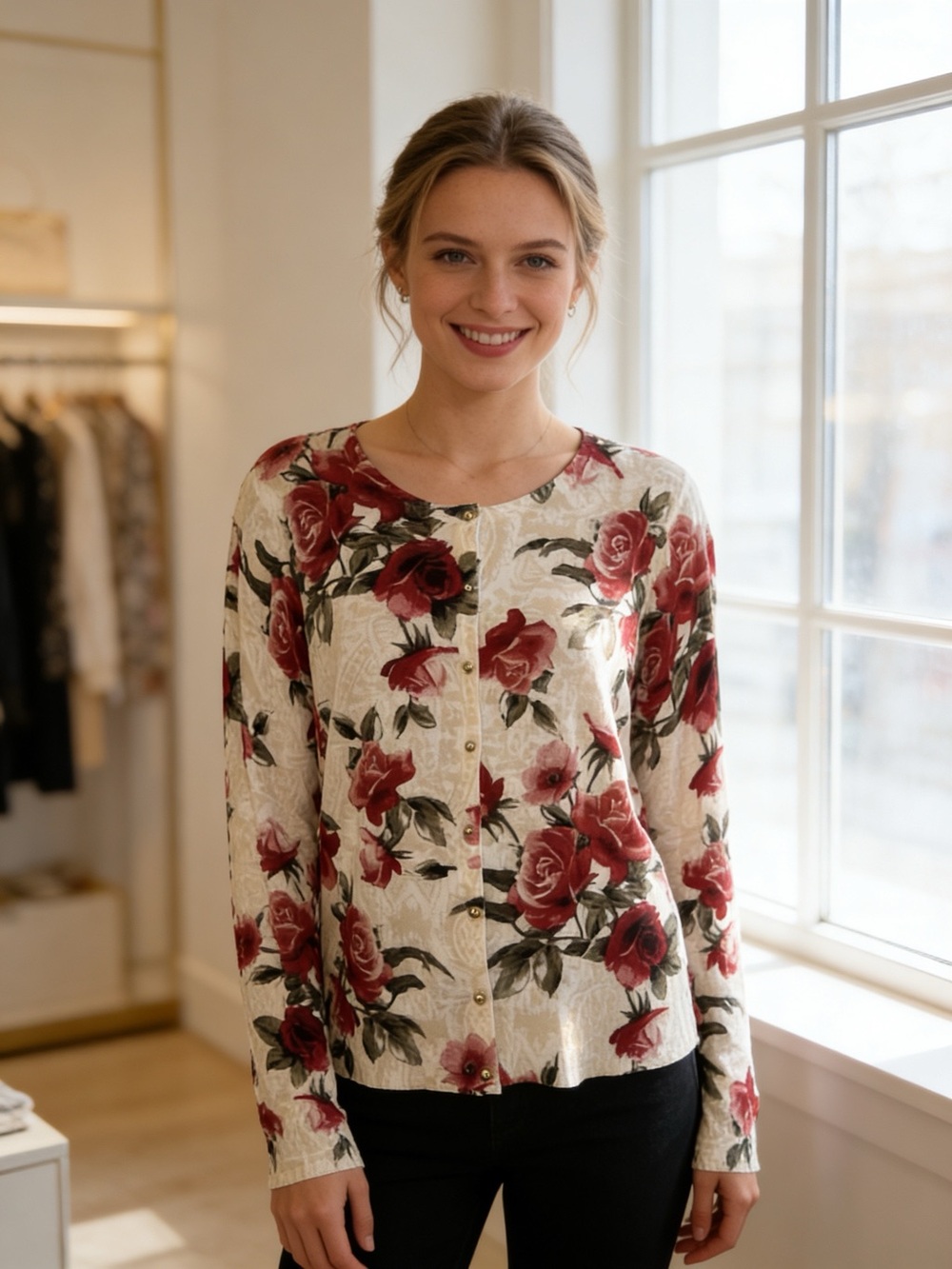 WHBM Red Rose Floral Cardigan Sweater Button Front Knit Size M